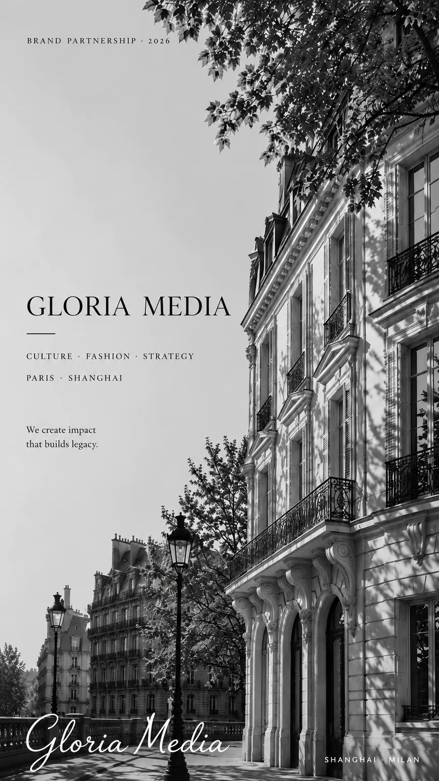 Gloria Media cover page with Paris architecture and the brand name.