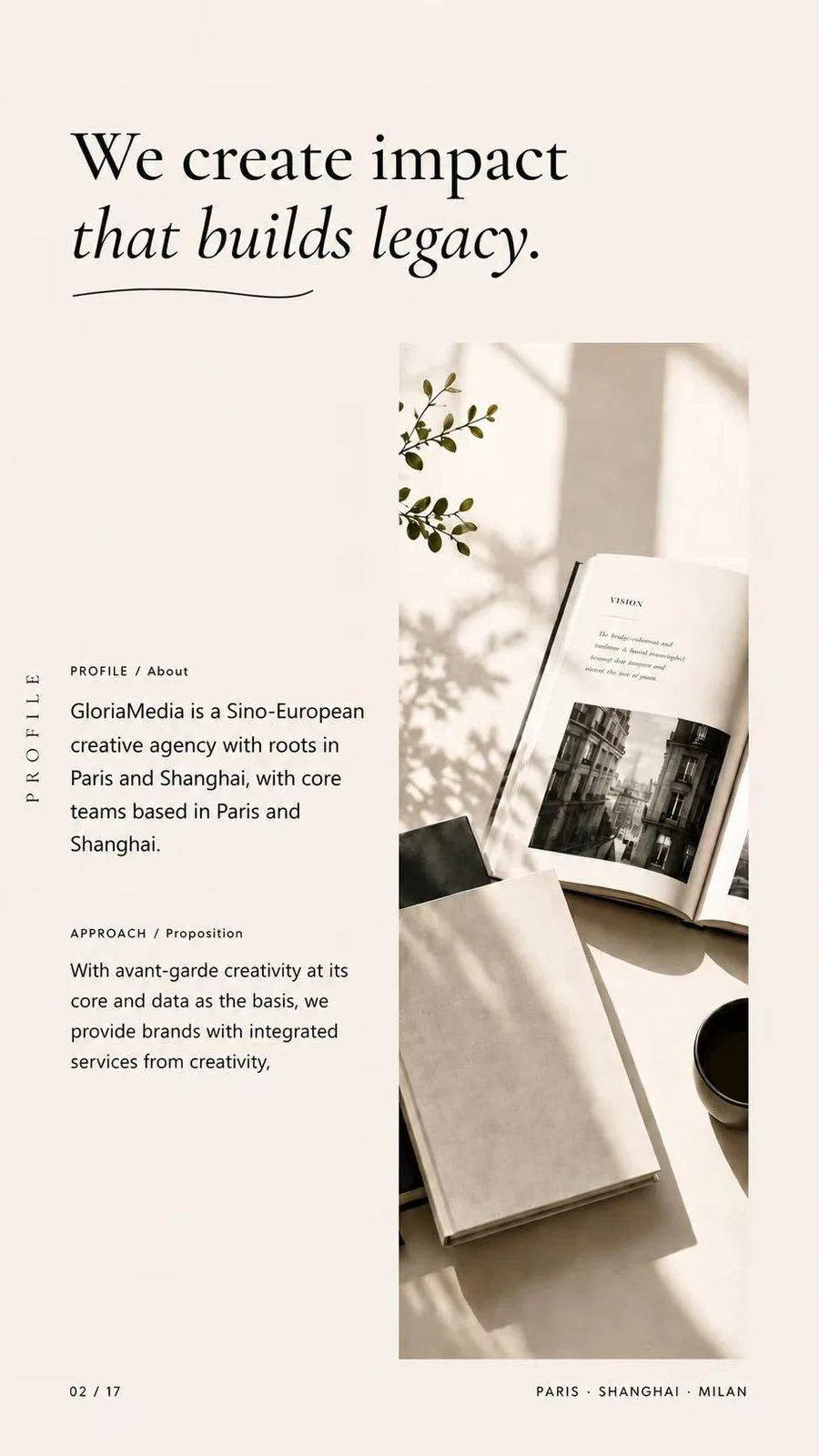 Gloria Media about page showing a book, soft shadows, and the statement We create impact that builds legacy.