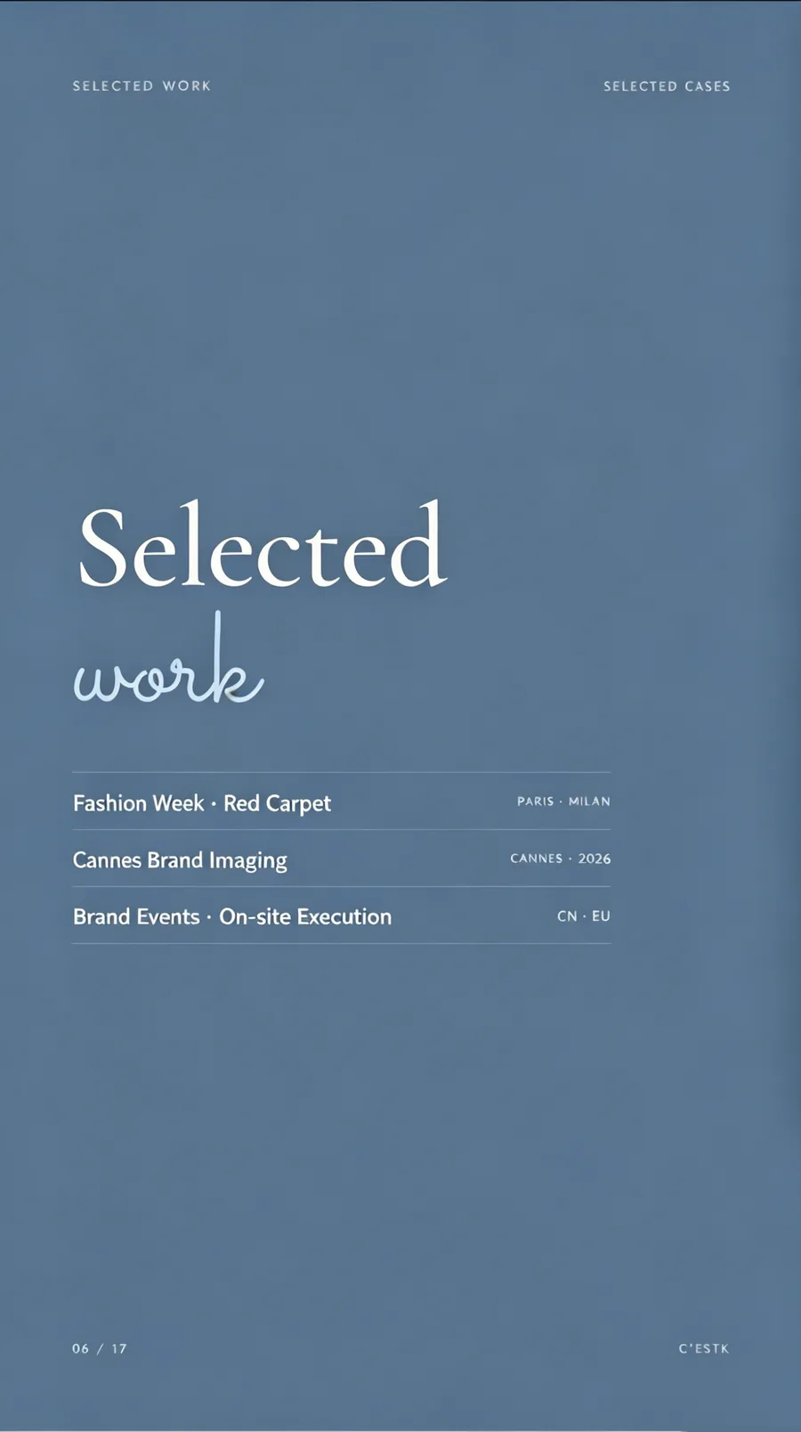 Selected work category page for fashion week, Cannes imaging, and brand events.