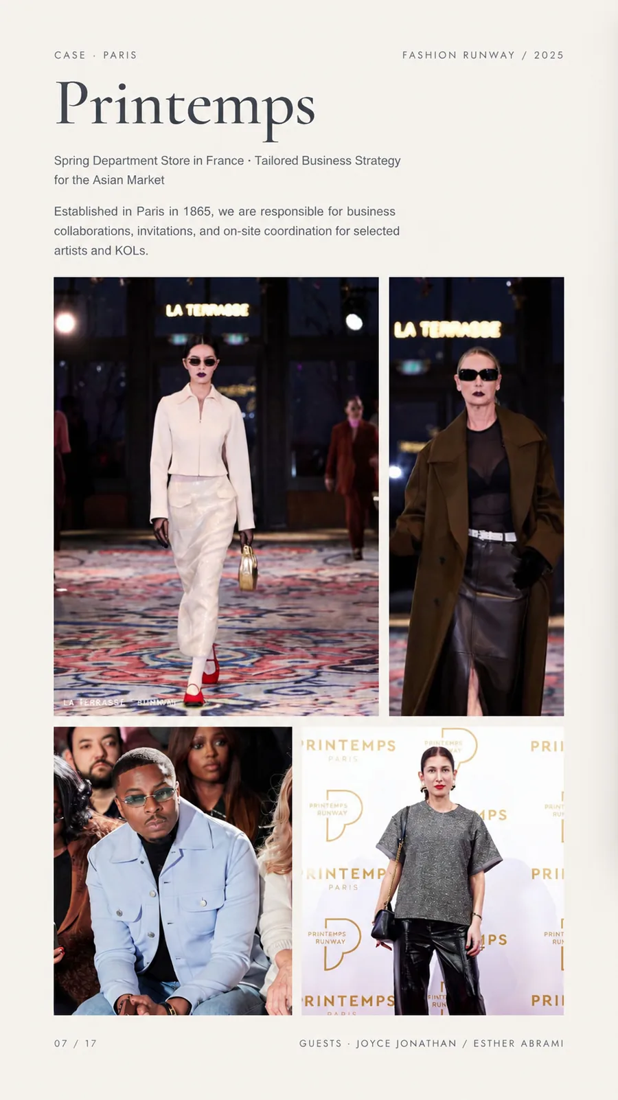 Printemps Runway 2025 case page with runway, front row, and guest images.