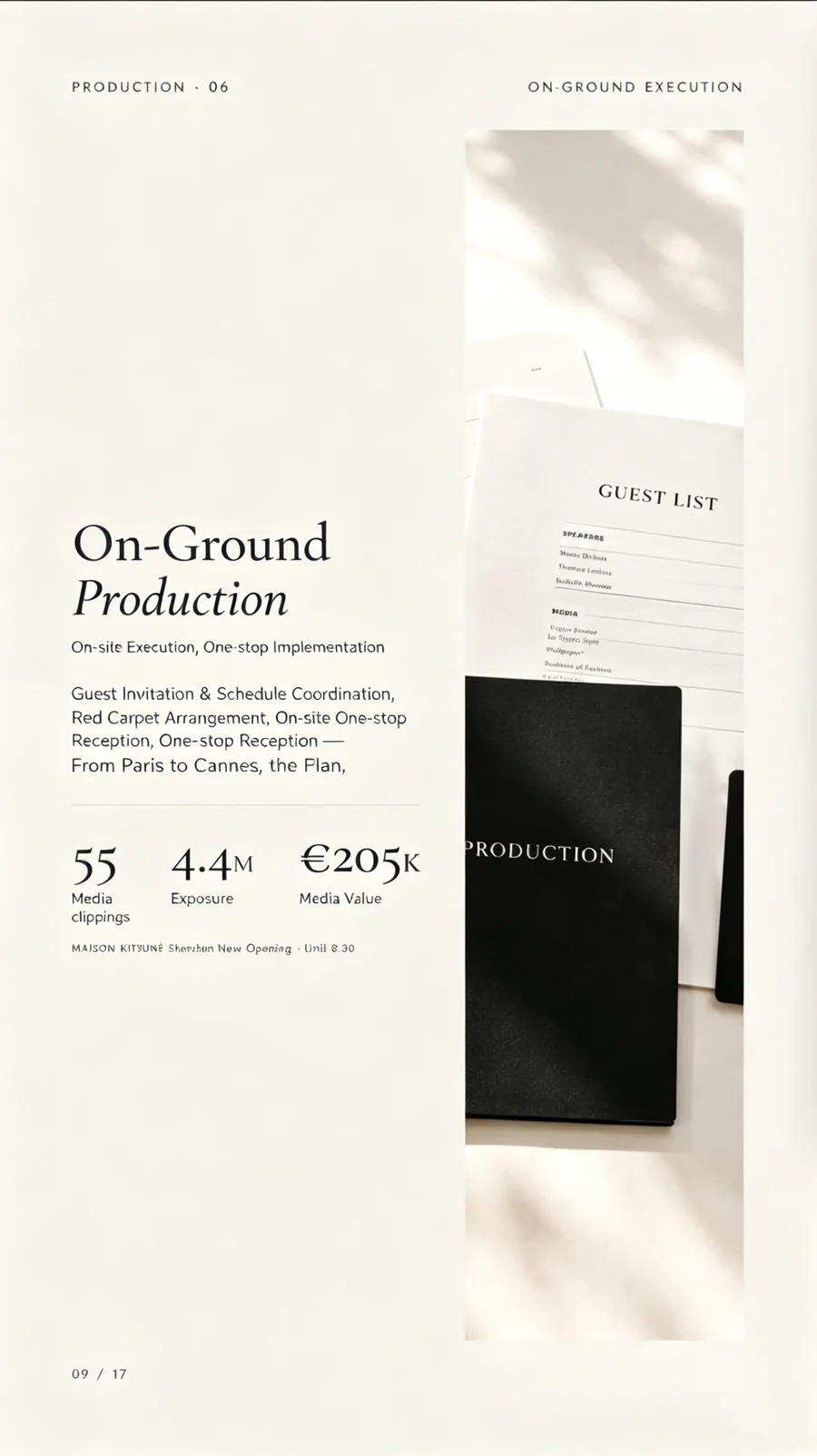 On-ground production page with guest list materials and media value metrics.
