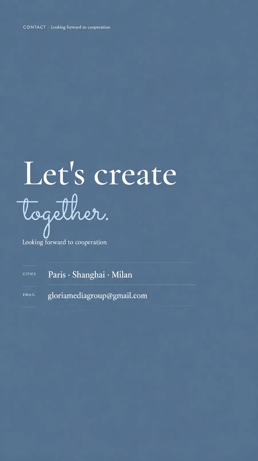 Contact page from the original Gloria Media deck.